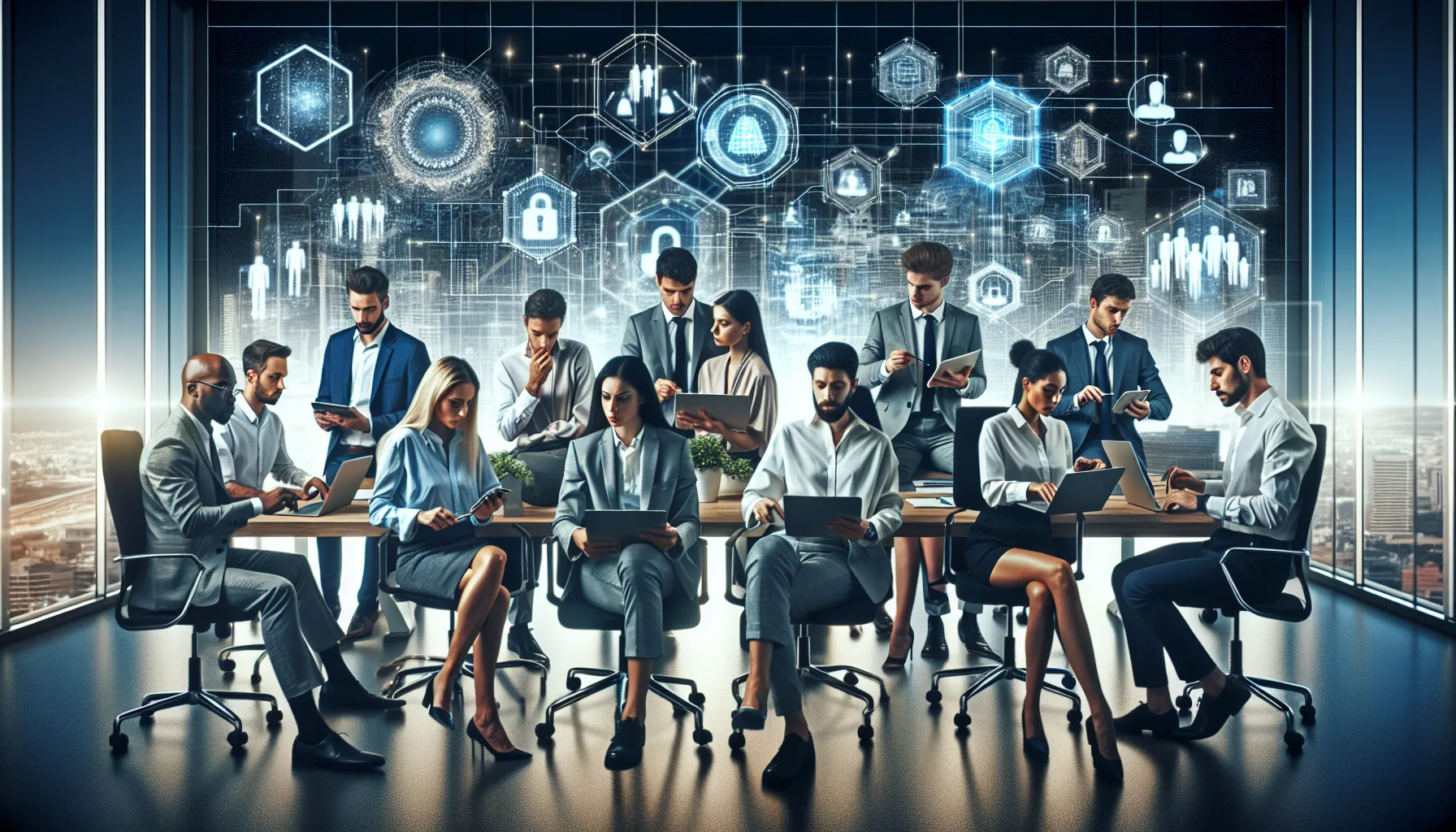 diverse professionals collaborating on digital innovations in a modern office.