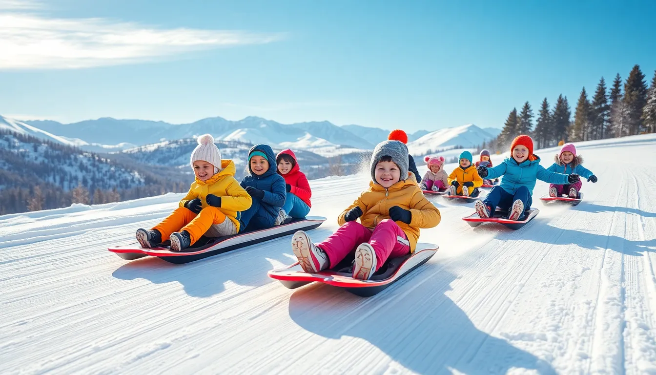 diverse group sledding down a snow-covered hill.