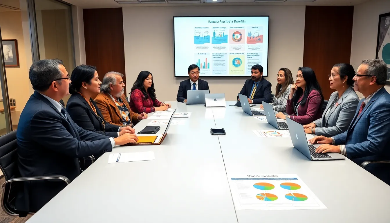 diverse professionals discussing Native American benefits in a modern office.