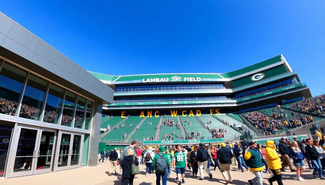 Renovated Lambeau Field with fans arriving on game day.
