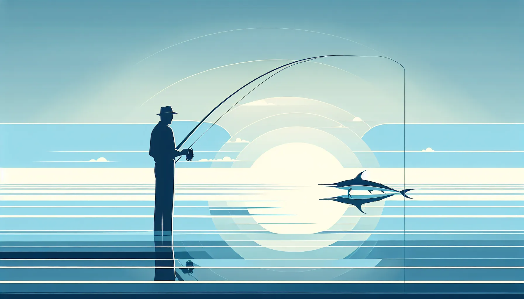 Elderly fisherman silhouette facing large marlin in calm blue sea