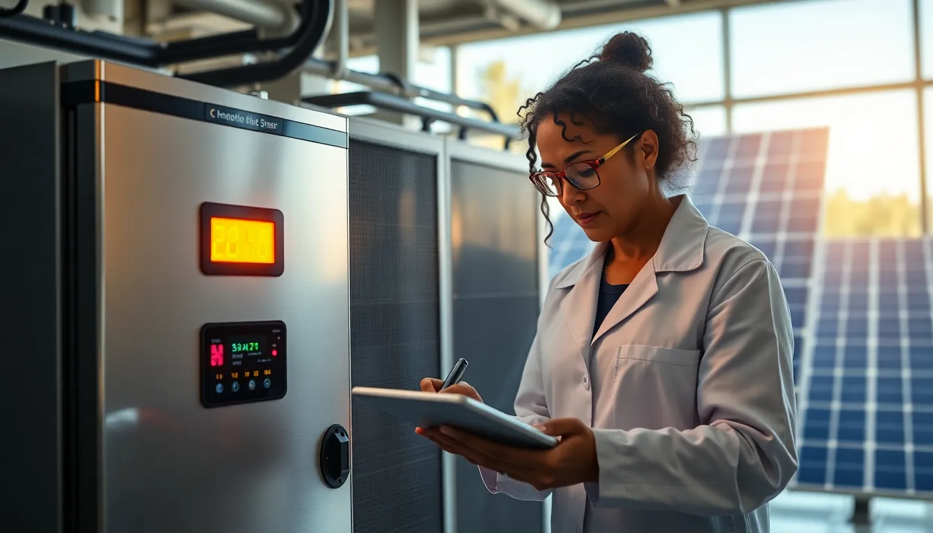 an engineer inspecting a modern battery storage system in an eco-friendly facility.