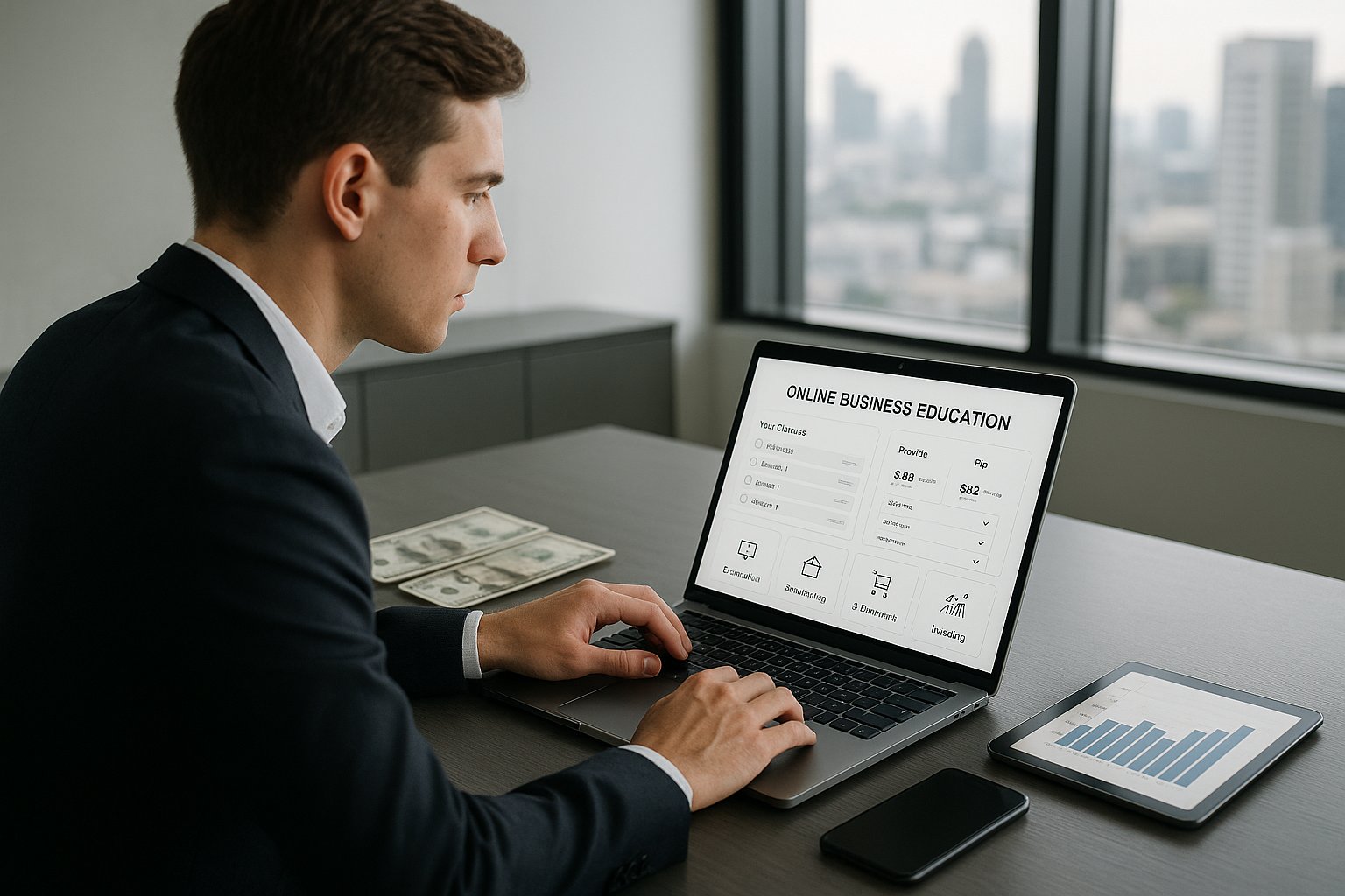 Professional reviewing an online business learning platform on a laptop in office.