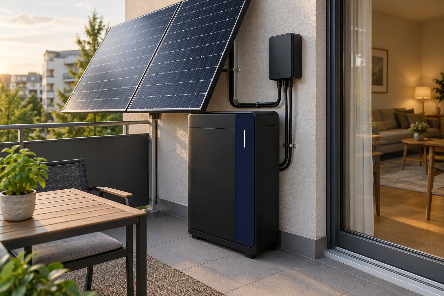 Kompakter Solarspeicher neben Solarmodulen auf einem Wohnungsbalkon