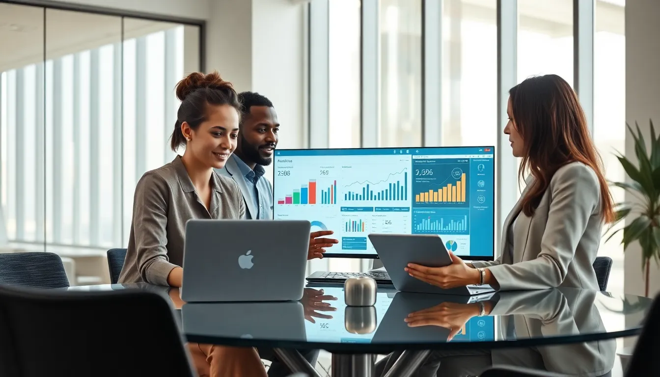 diverse professionals analyzing data in a modern office.