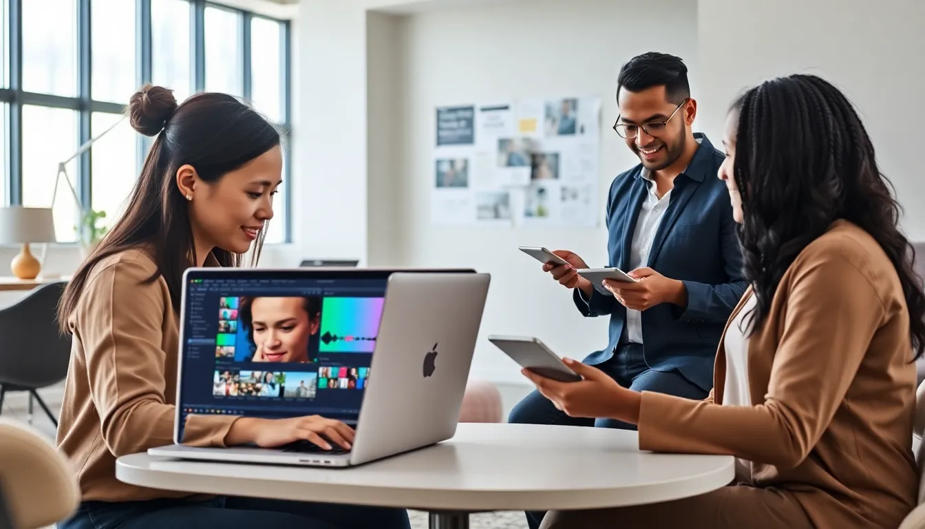 diverse team editing a video in a modern office.