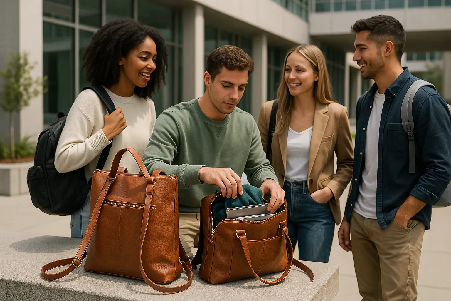 Students with a convertible leather handbag in a modern campus setting.