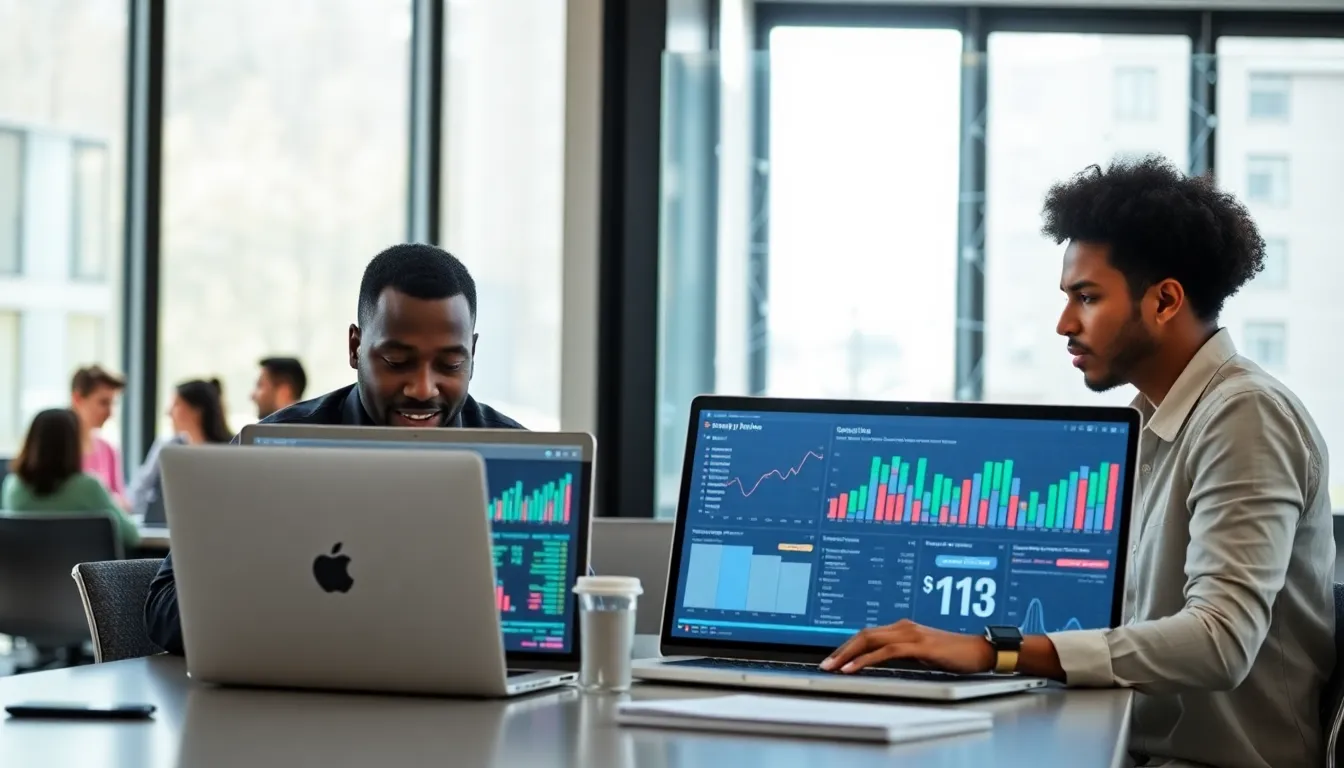 professionals analyzing data in a modern office setting.