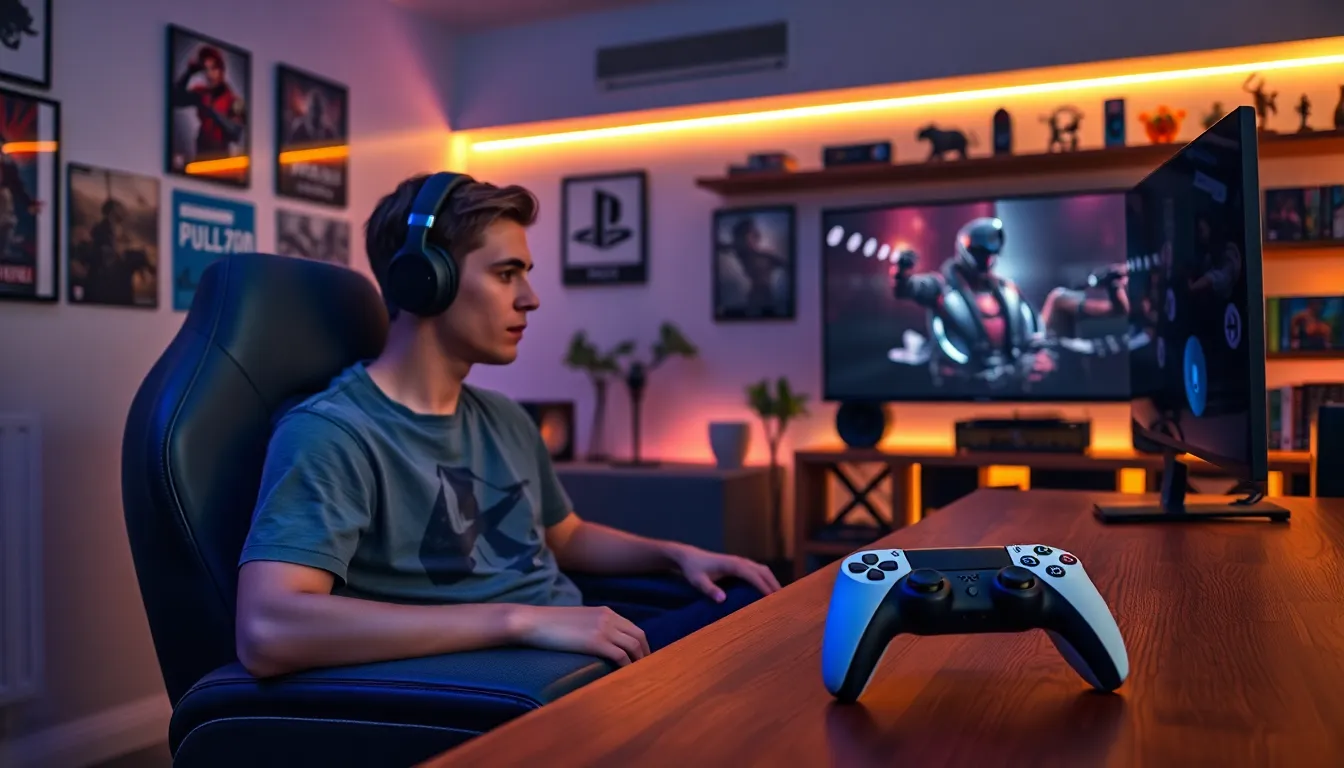 a gamer using a PlayStation headset and customized controller in a modern gaming room.
