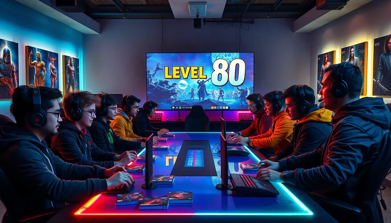 diverse gamers celebrating mastery at level 80 in a modern gaming room.