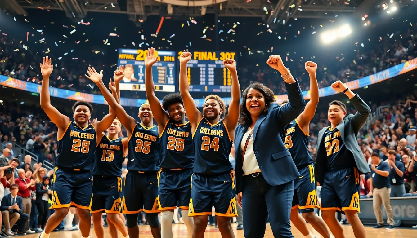 A college basketball team celebrates an unexpected victory amid confetti in the arena.