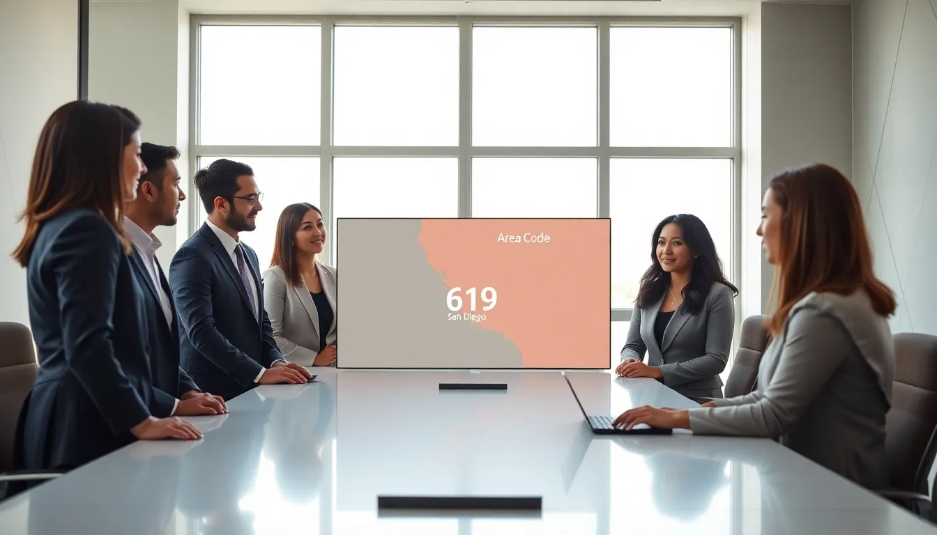 diverse team discussing area codes in a modern office.