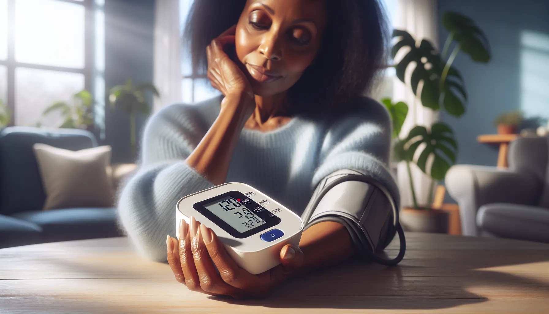 A woman using a blood pressure monitor at home.