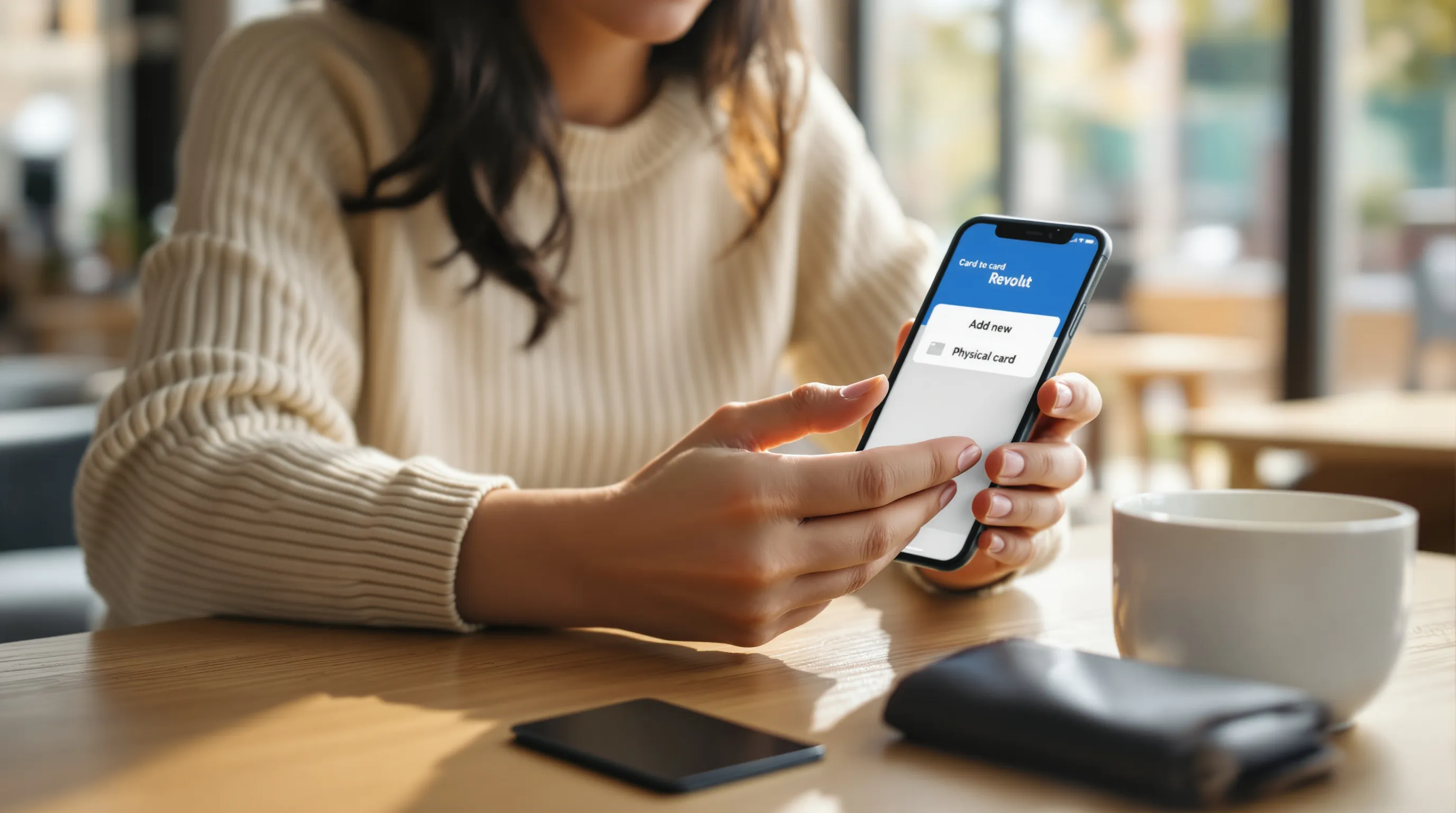 Woman selecting physical card option on Revolut app with card on table
