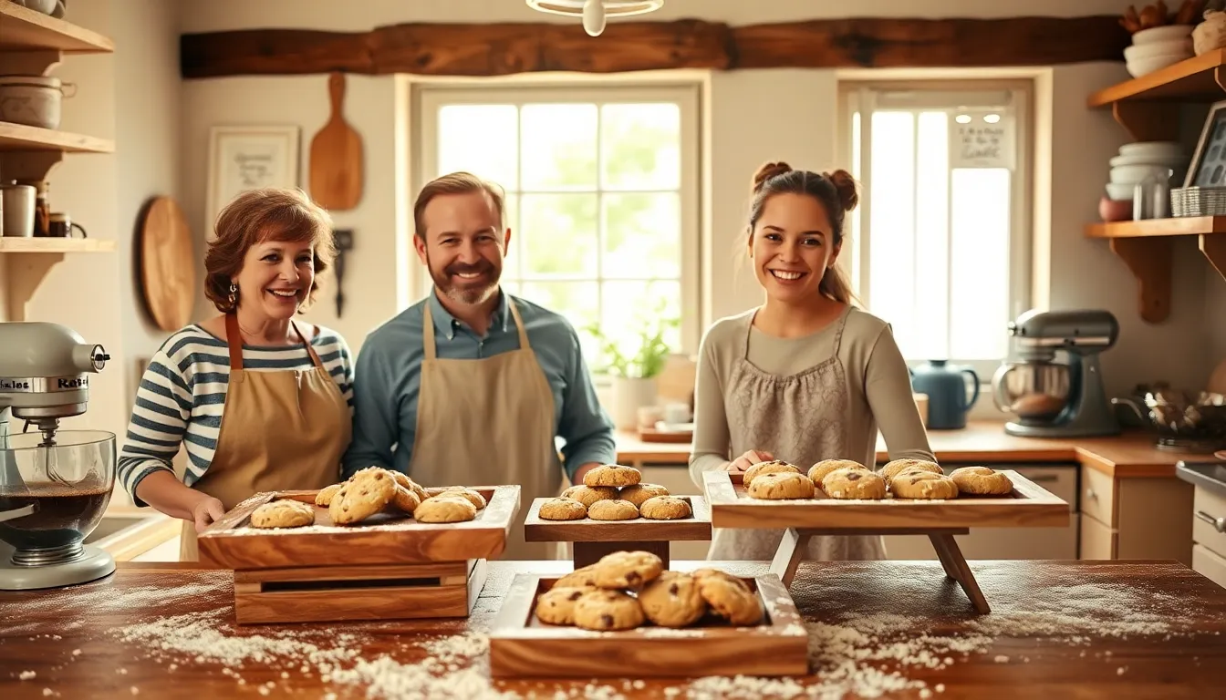 diverse bakers creating cookies in a warm, inviting kitchen.