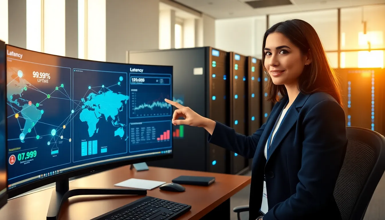 Network engineer pointing at live network diagram on a large monitor in a modern NOC.