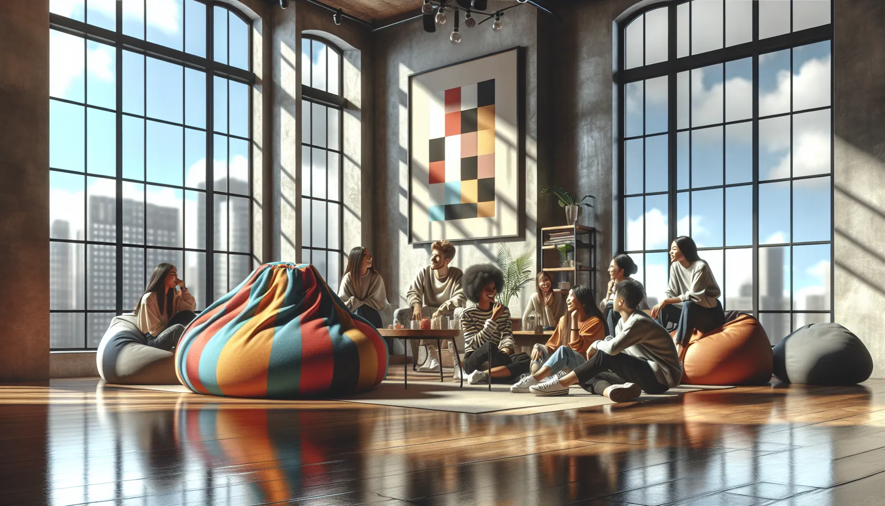 colorful Koshio bean bag in a cozy modern living room with people.