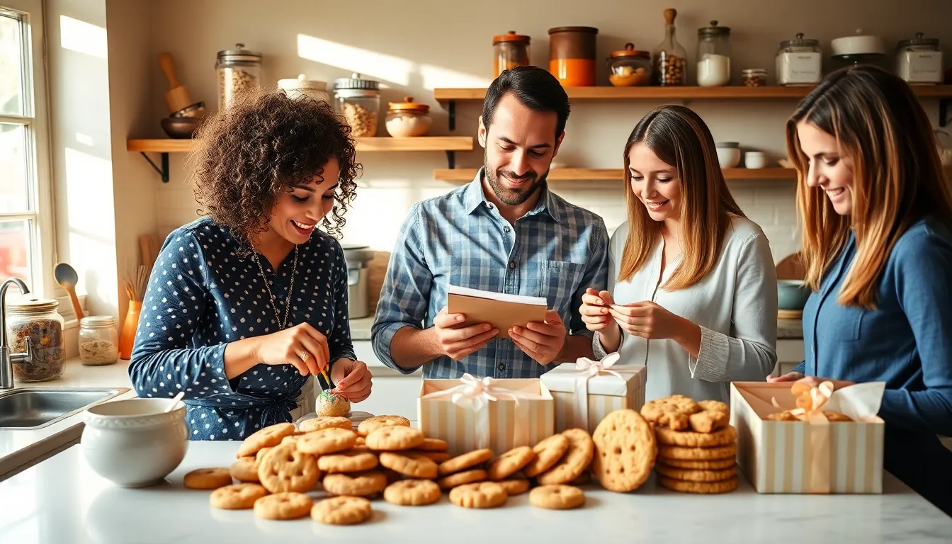 a diverse team collaborating in a cozy kitchen while baking cookies.