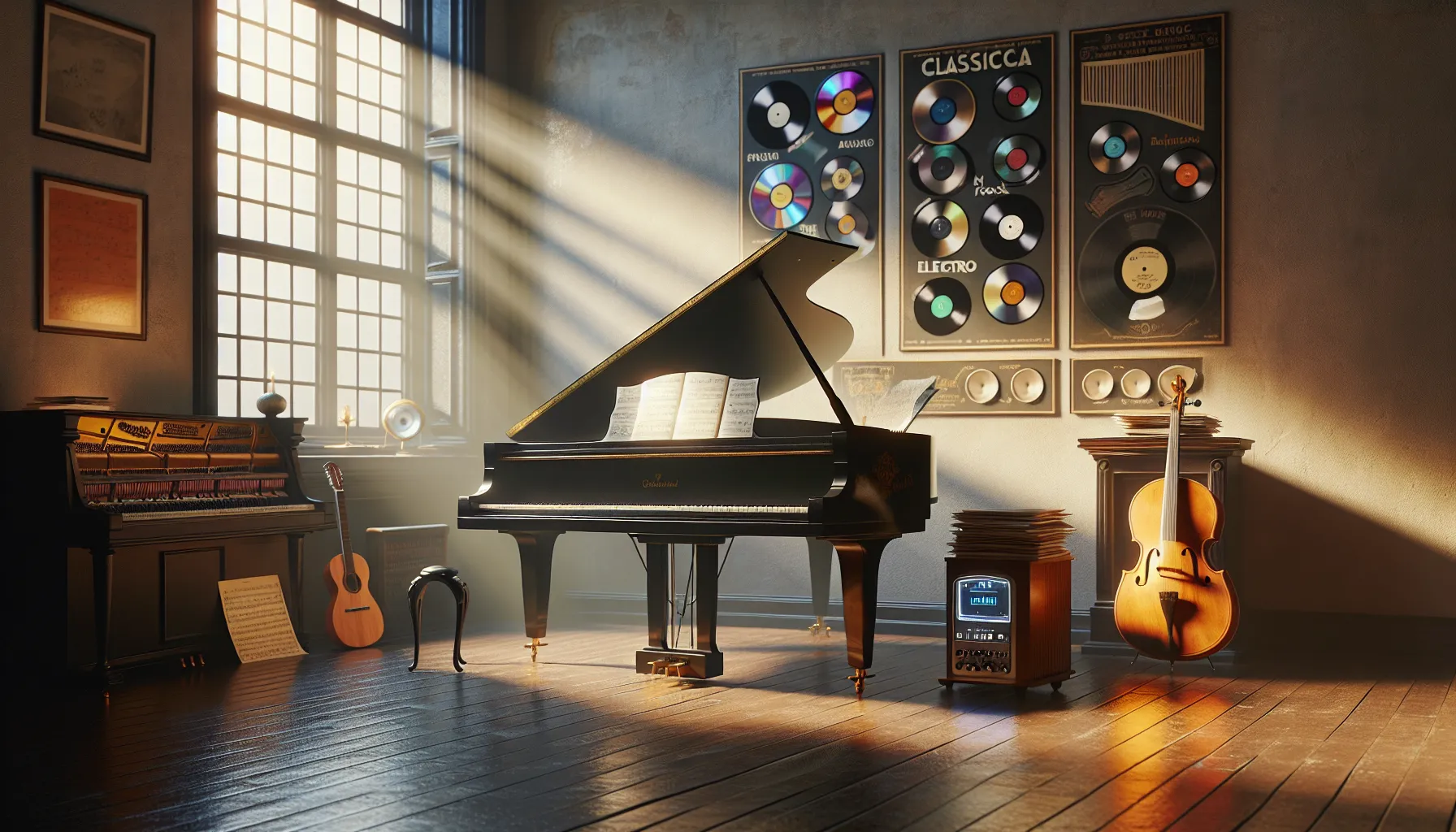 A piano in a sunlit studio highlighting tempo and rhythm's musical diversity.