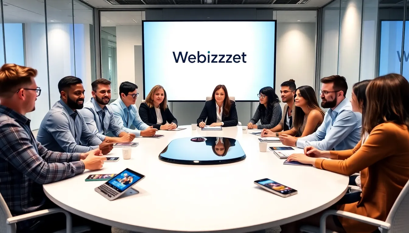 diverse team discussing digital marketplace topics in a modern office.