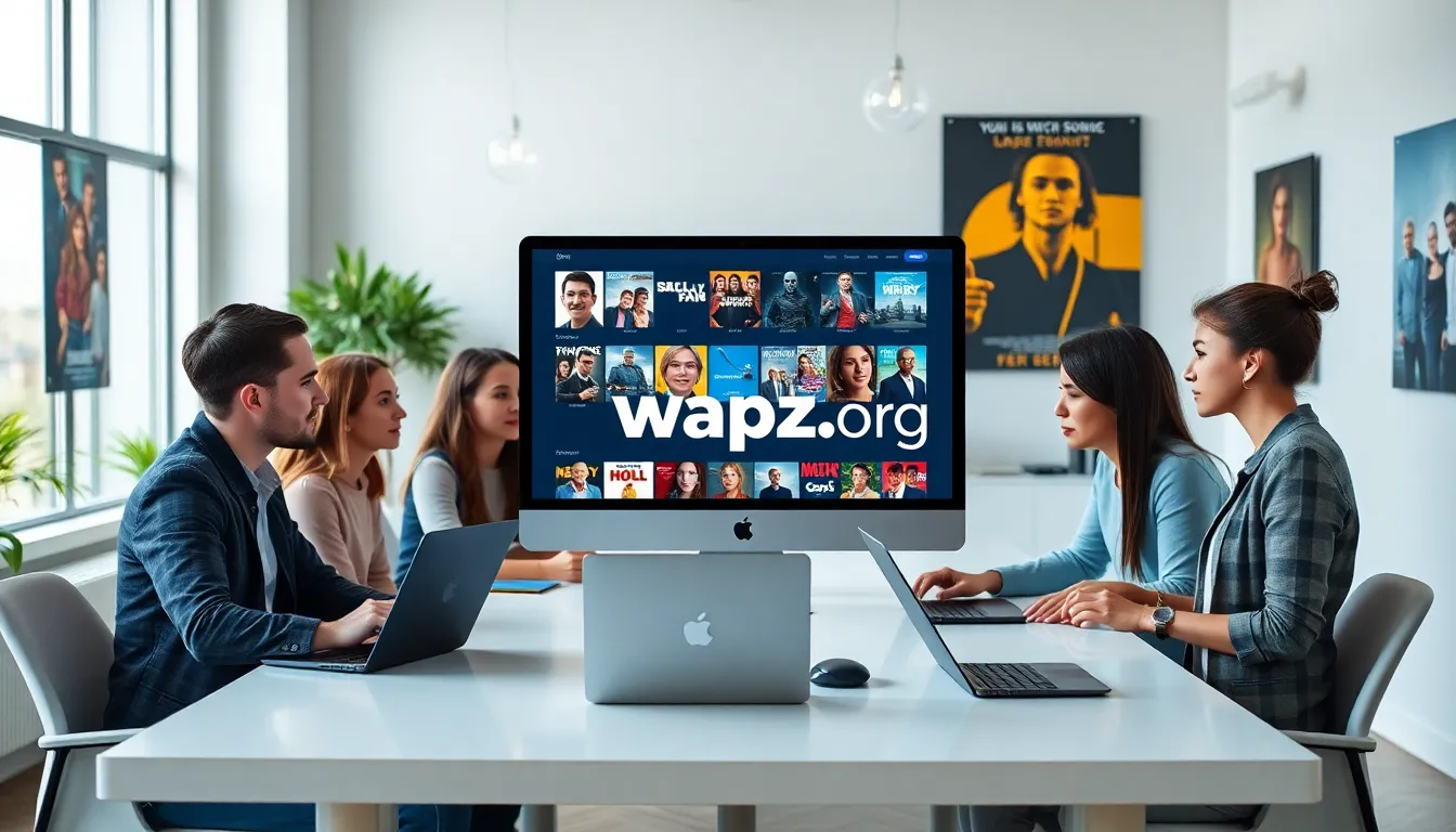 group discussing movies in a modern office setting.