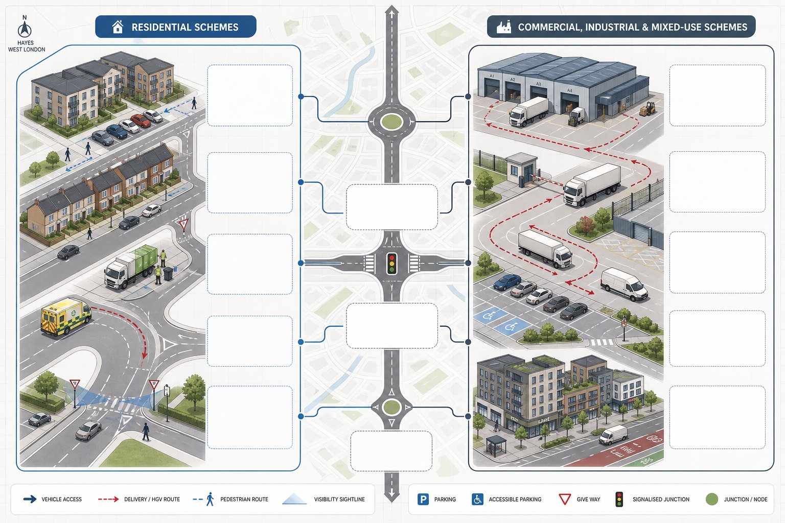 Infographic comparing residential and commercial traffic engineering projects in Hayes.