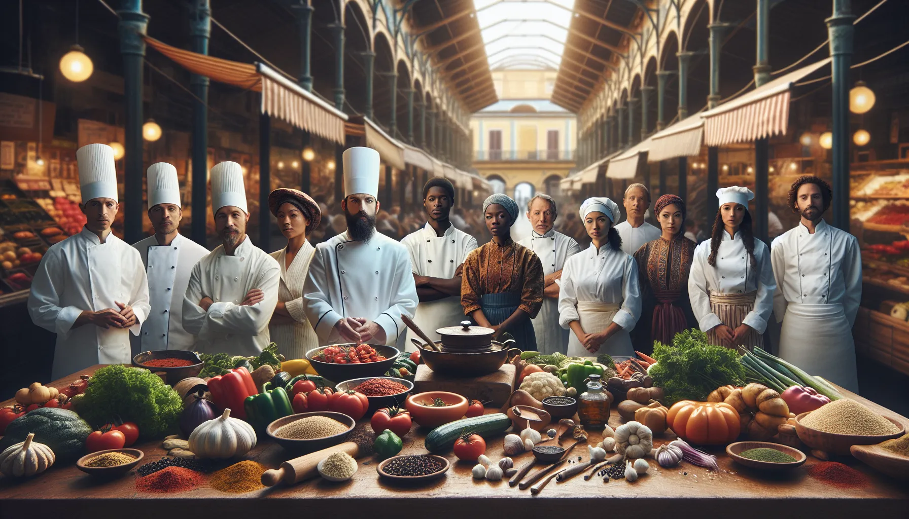 diverse chefs preparing food in a vibrant market setting.
