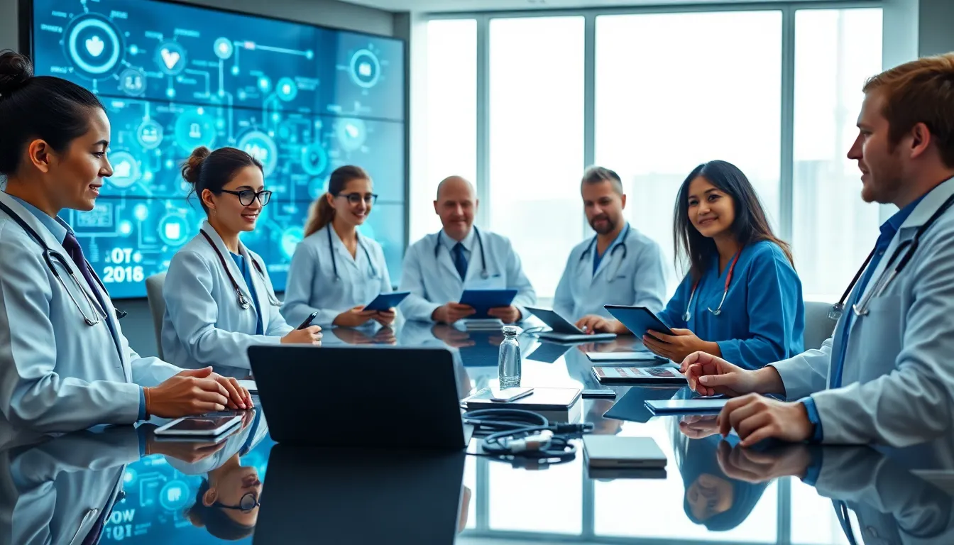 healthcare professionals collaborating with IoT technology in a modern setting.