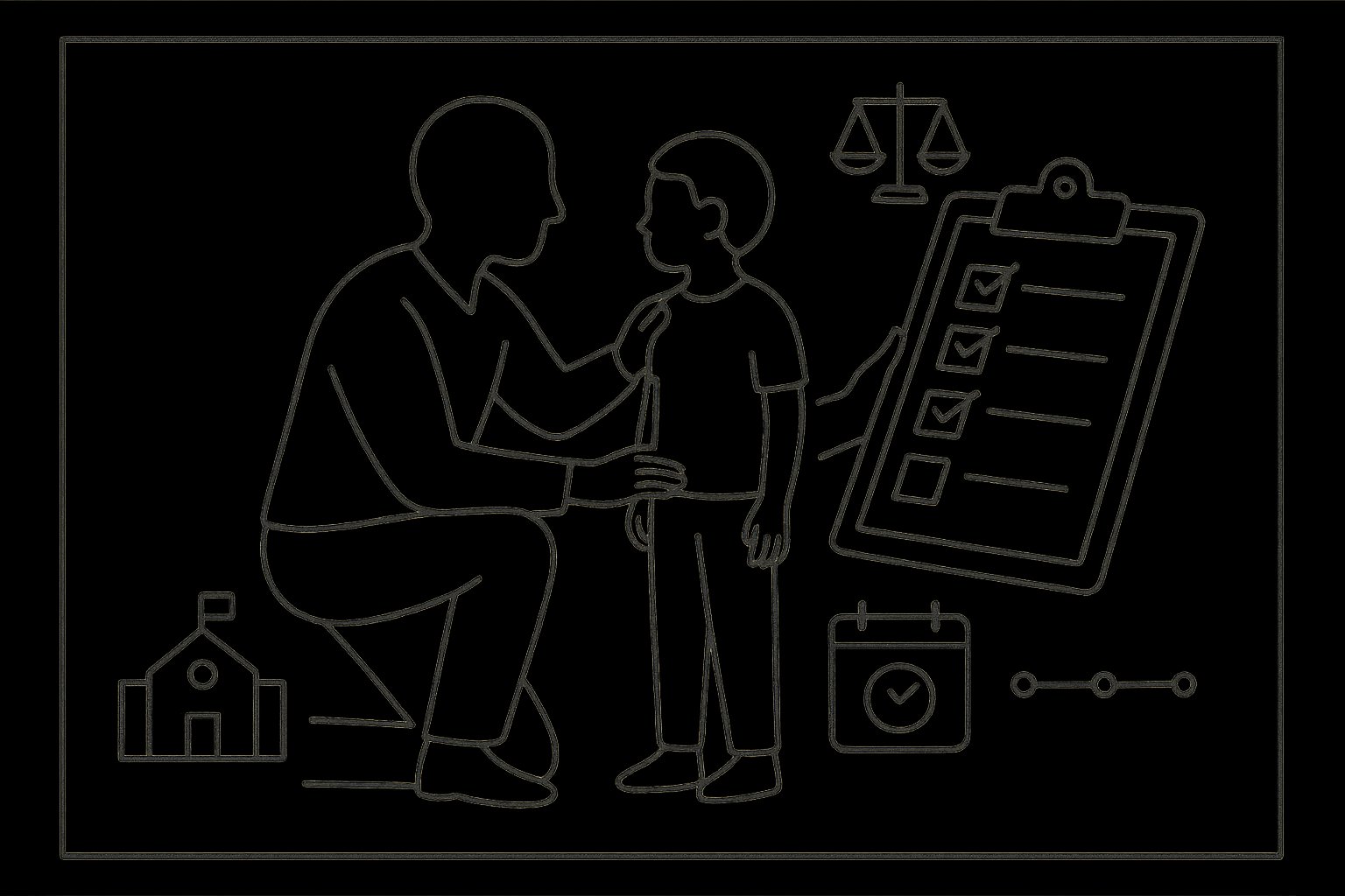 Parent and child with clipboard checklist, school silhouette, calendar, and scales icon. - What Is the IEP Evaluation Process A Clear StepByStep Guide For Parents And Professionals 2026