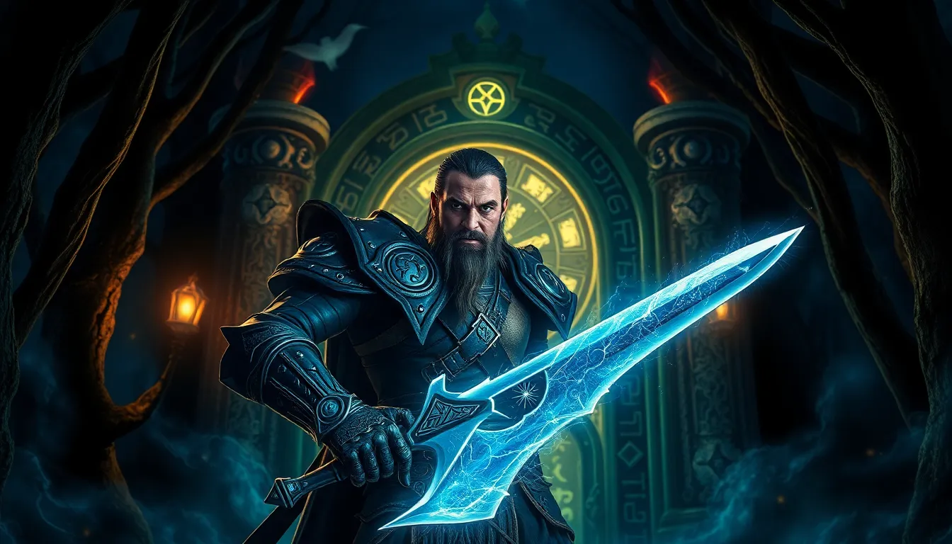 Daemonhunter standing before a mystical glowing gate in a dark forest.