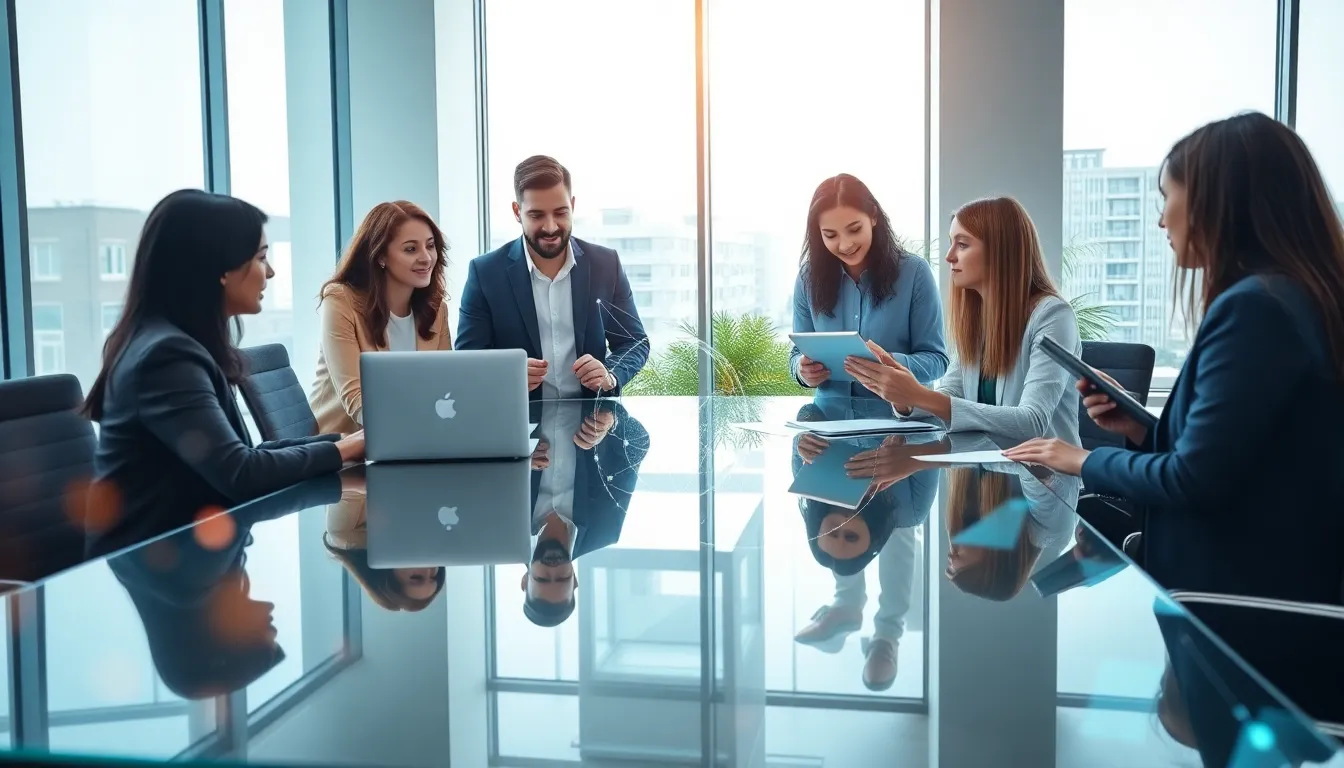 diverse team collaborating on real estate technology in a modern office.