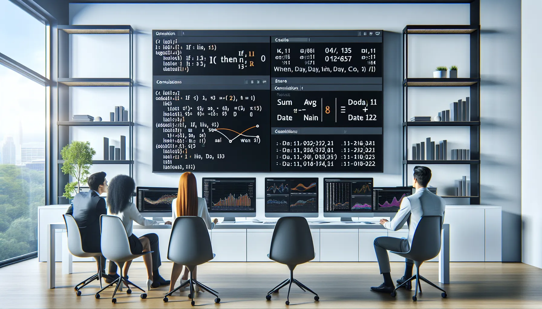 Data analysts review Tableau calculated fields and dashboards in a modern corporate office.
