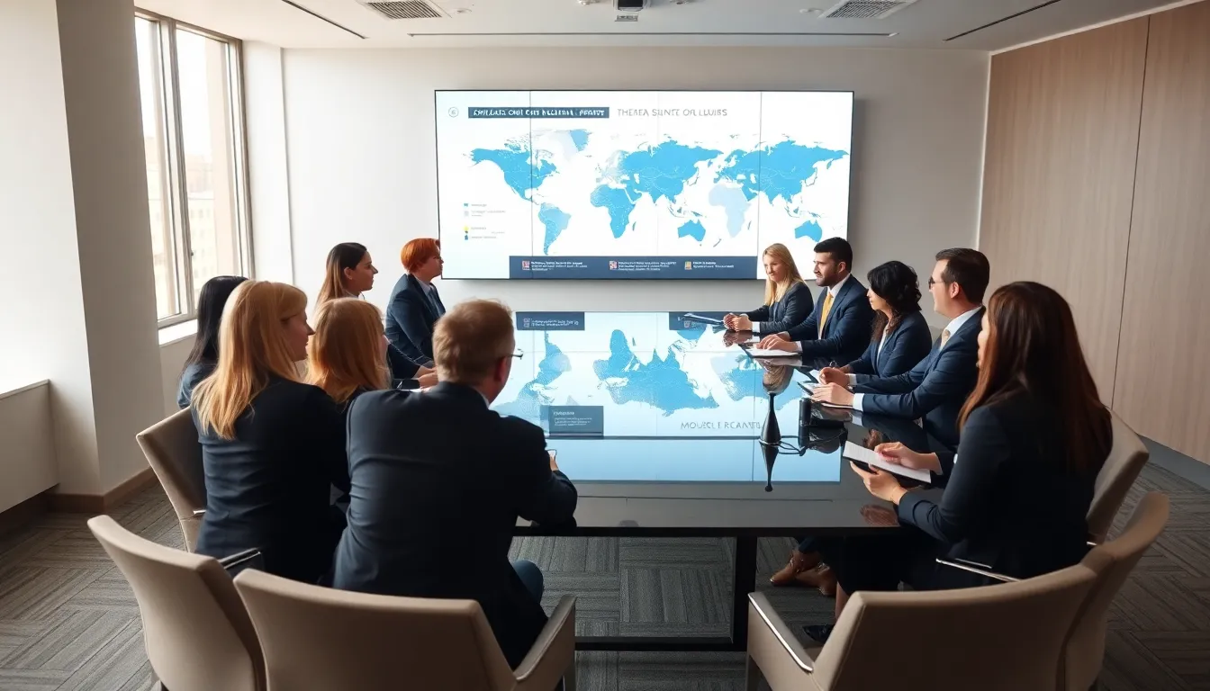 diverse professionals discussing global affairs in a modern conference room.