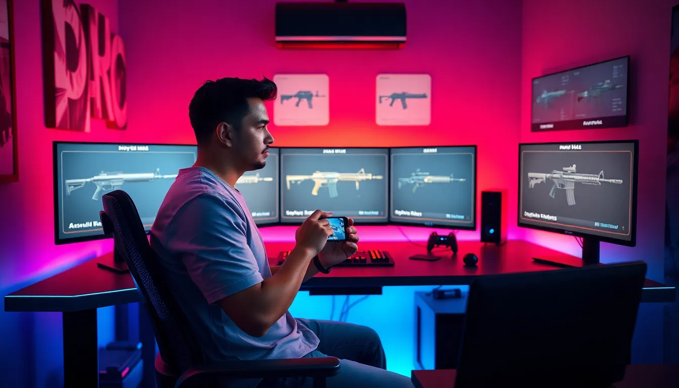 gamer focused on mobile gameplay with weapon category graphics.