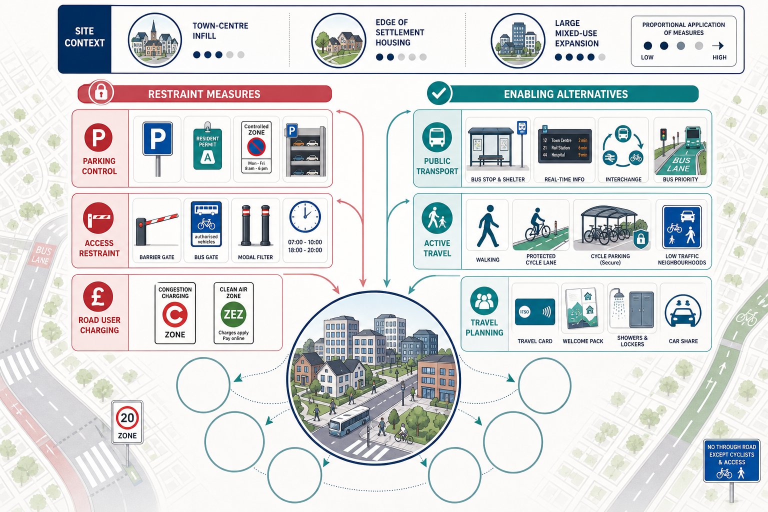 UK transport demand management infographic comparing restrictions and sustainable travel measures.