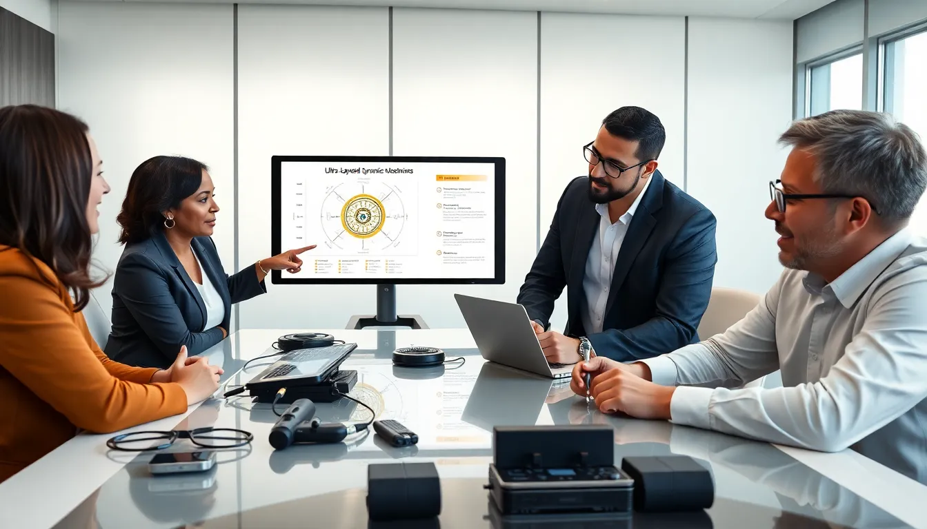 diverse professionals discussing blockchain technology in a modern office.