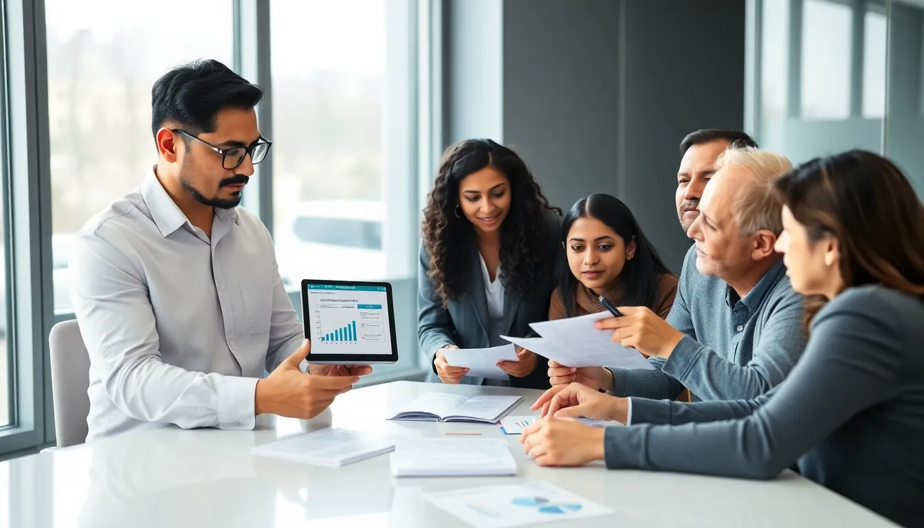 Diverse professionals discussing financial strategies in a modern office.