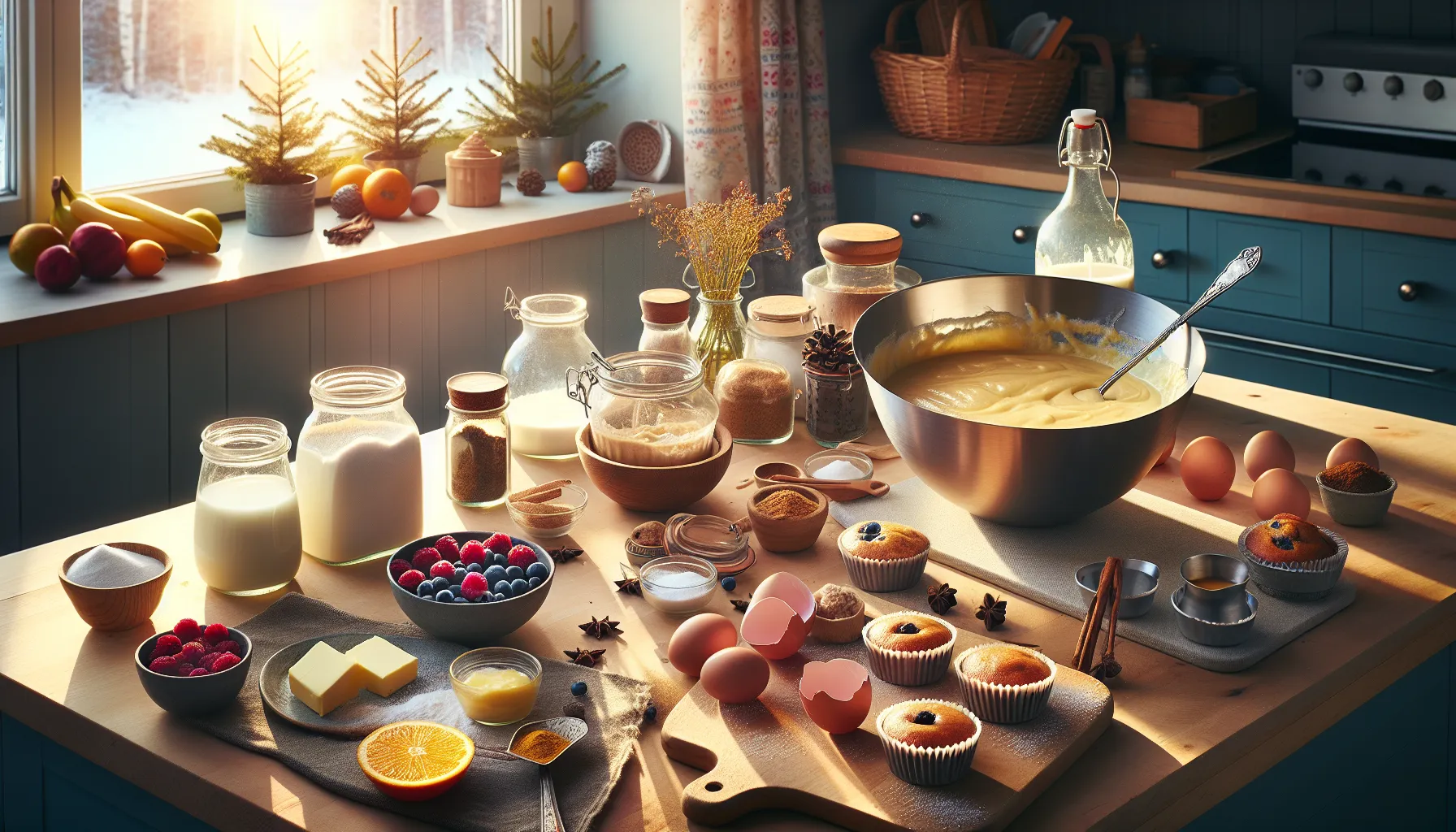 Norwegian home kitchen with muffin batter, ingredients, and assorted creative mix-ins.