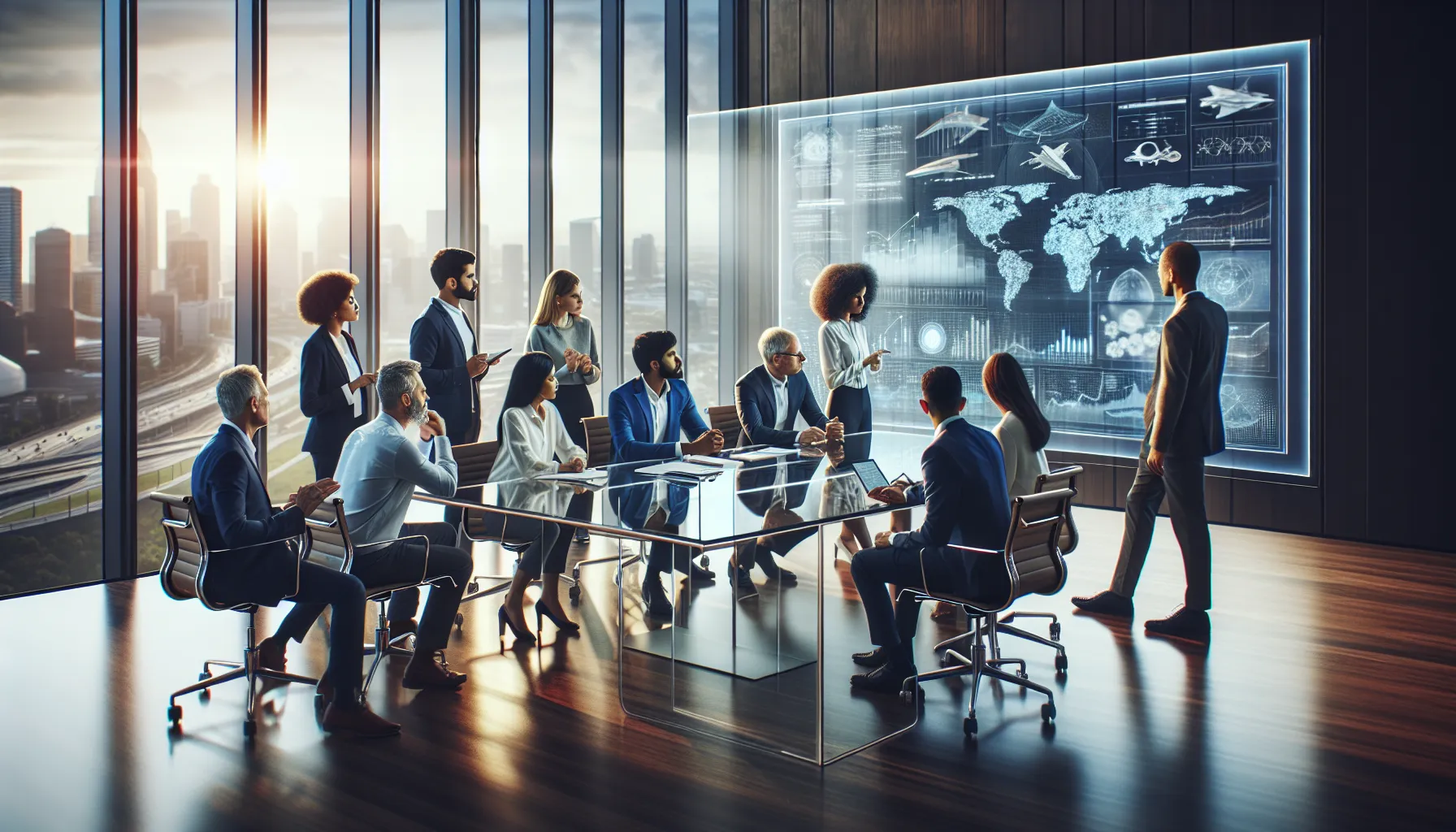 diverse professionals collaborating on aviation and space technology ideas in an office.