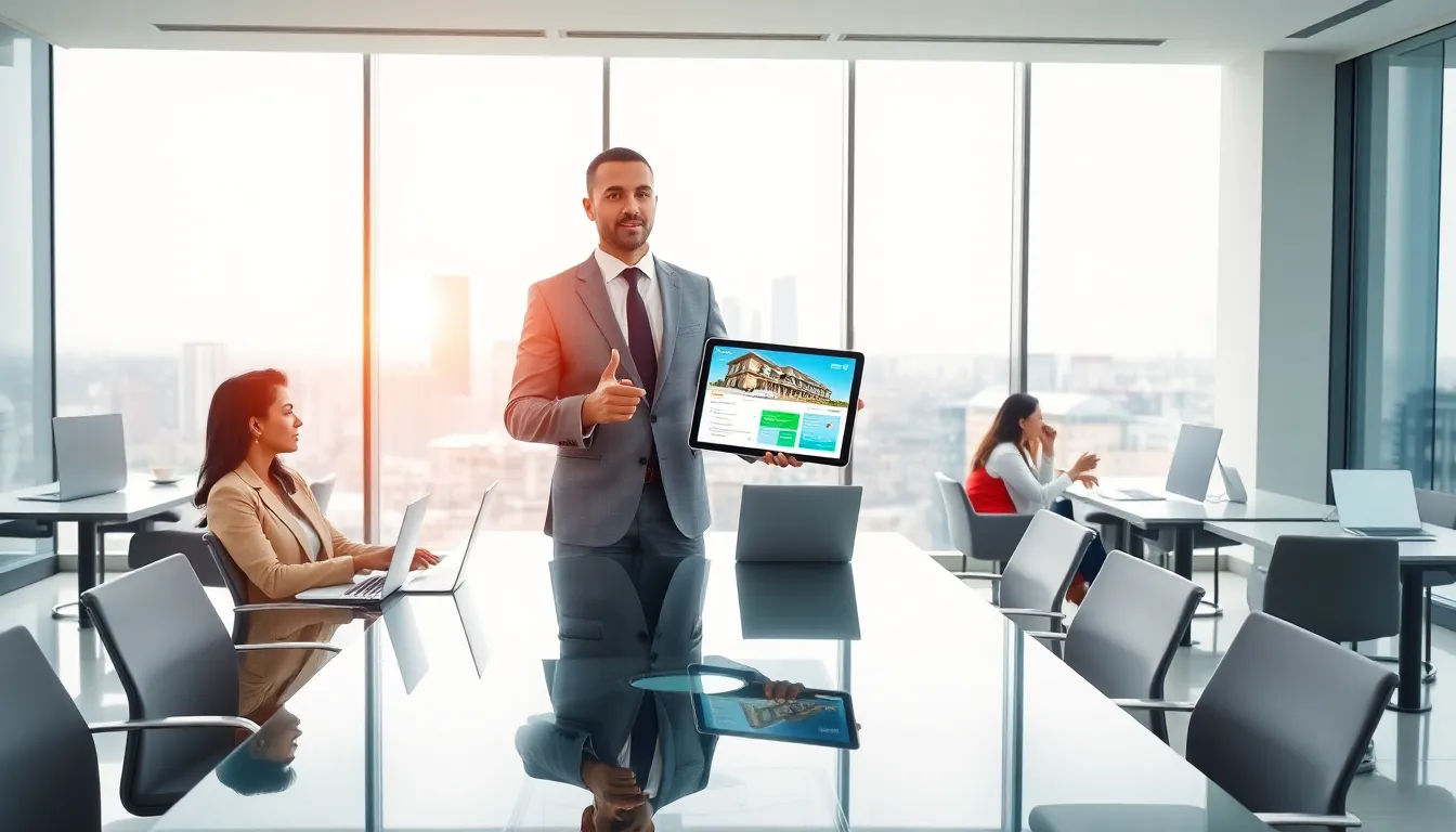 Real estate agent engaging clients in a modern office setting.