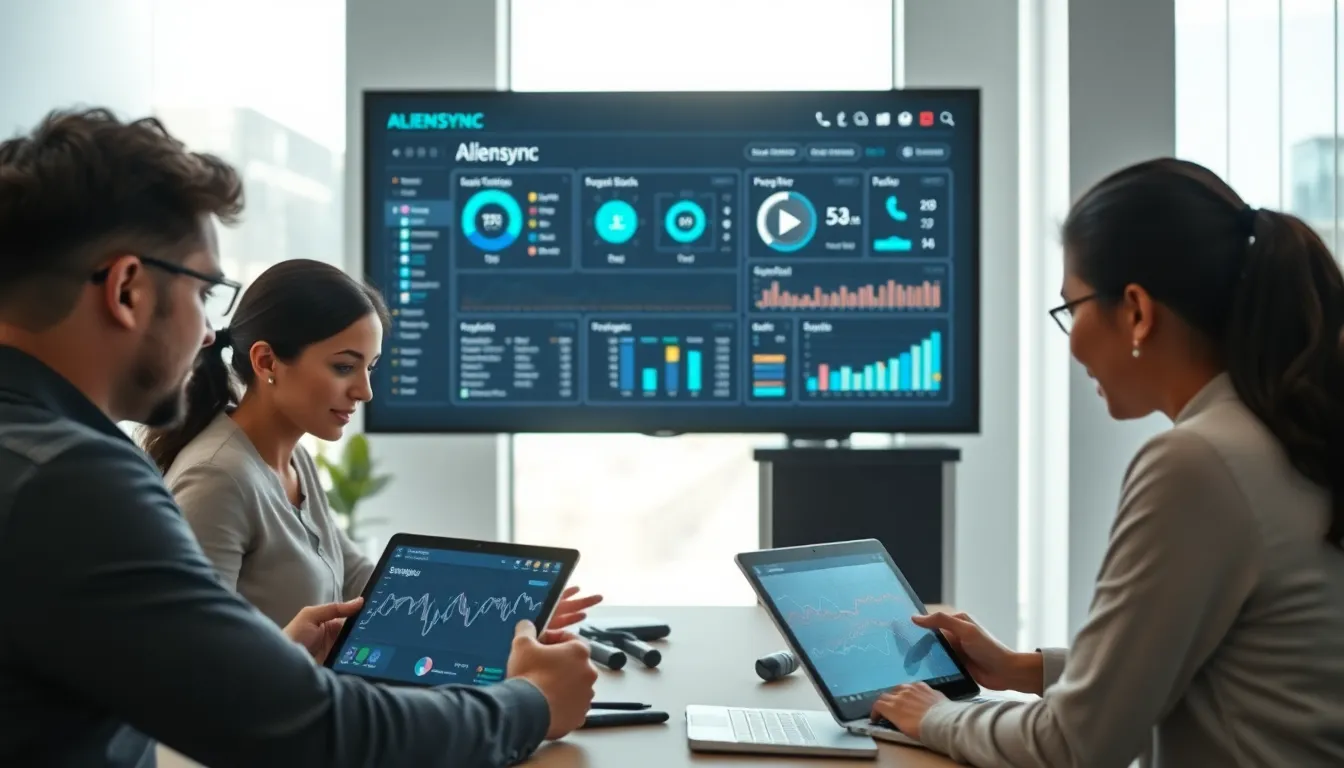 diverse team collaborating on a tech project in a modern office.