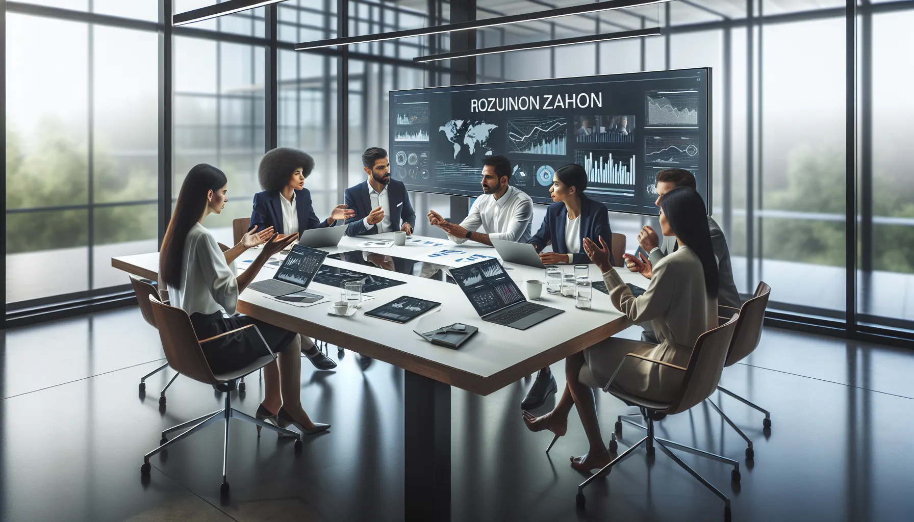 diverse team discussing Rozunonzahon in a modern office.