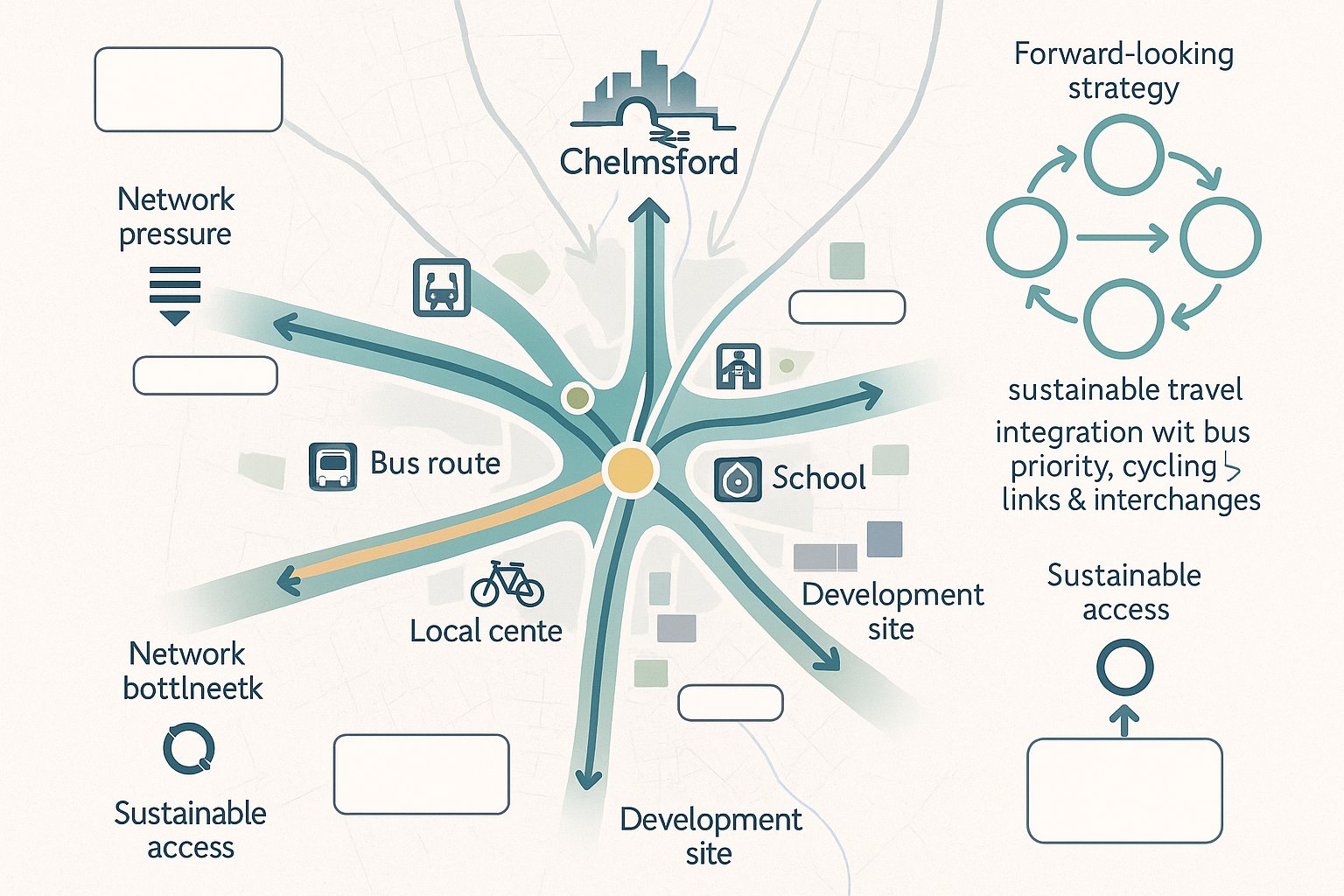 Chelmsford transport planning infographic showing growth corridors, congestion points, rail links, and sustainable travel.
