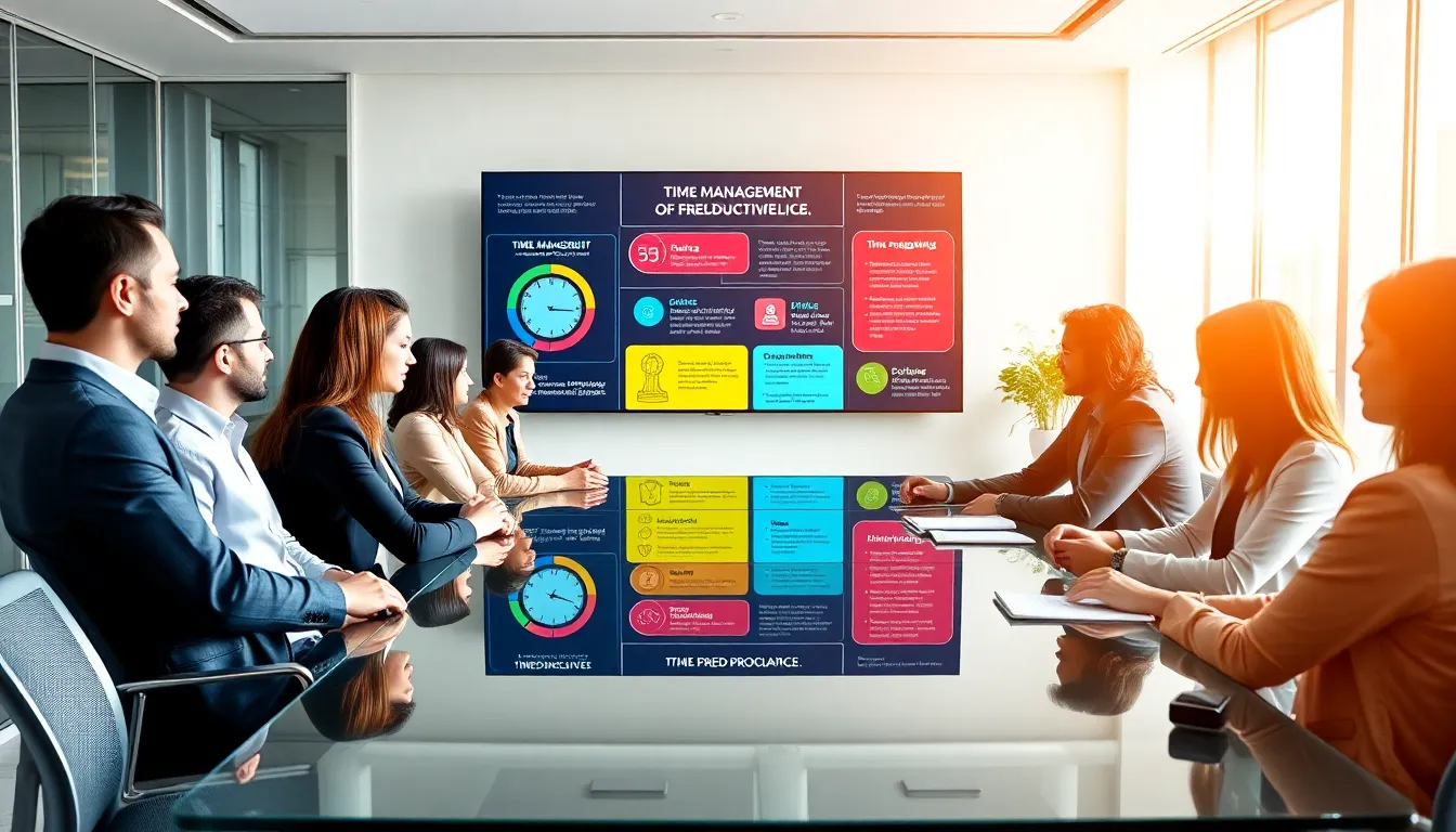 team discussing productivity strategies in a bright modern office.