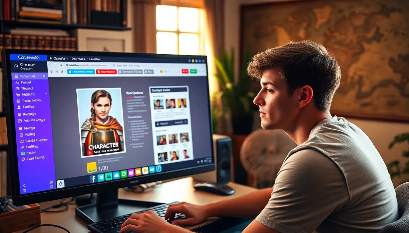 a gamer creating a character on CK2Generator in a cozy room.