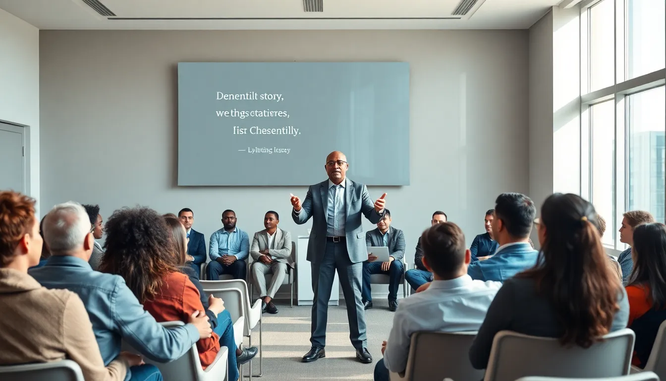 diverse audience listening to a motivational speaker in a modern conference room.
