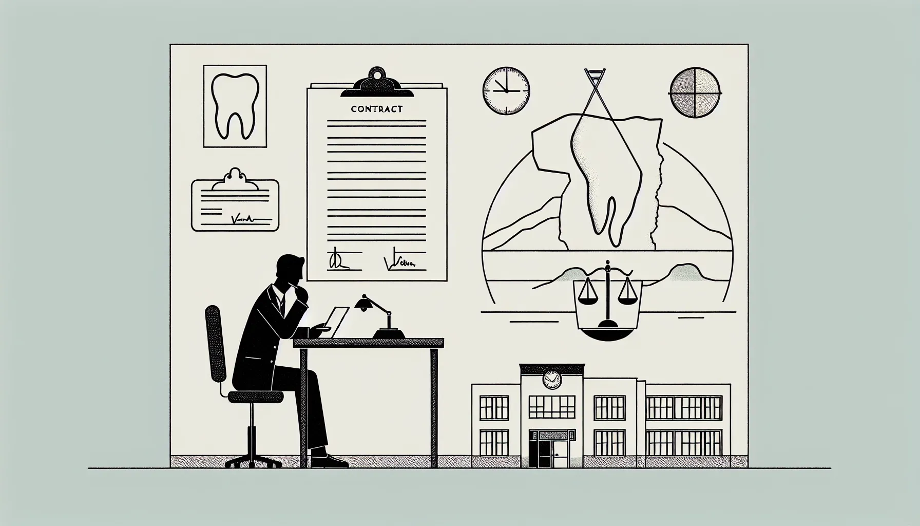 Dentist at desk reviewing a contract with Vermont map and legal icons of Vermont Dental Contract Review.
