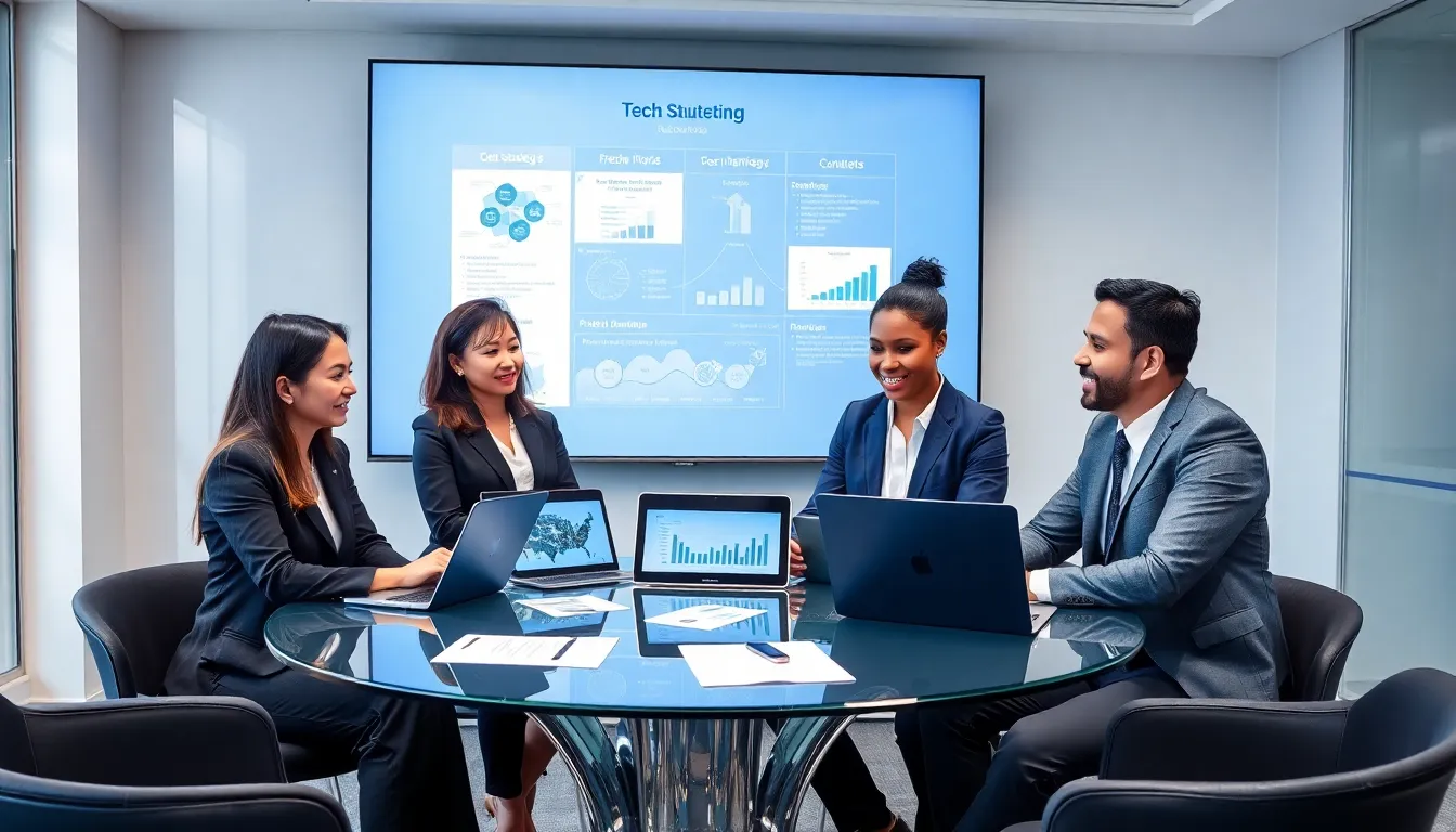 diverse tech consultants collaborating in a modern office setting.