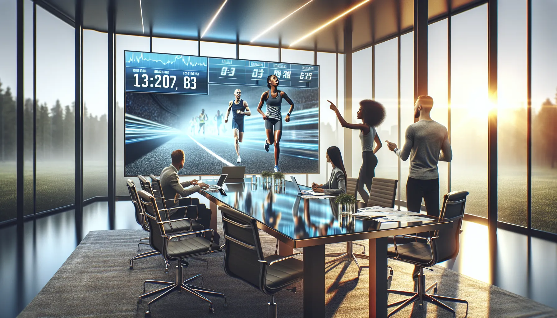 Diverse team discussing race timing solutions in a modern office.