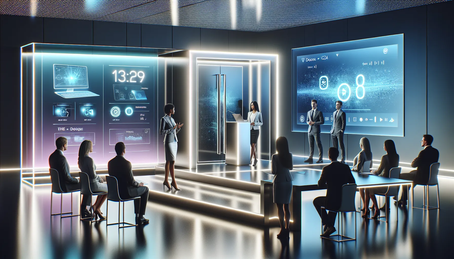 Diverse professionals at a tech launch for Doorsun1524 in a modern conference room.